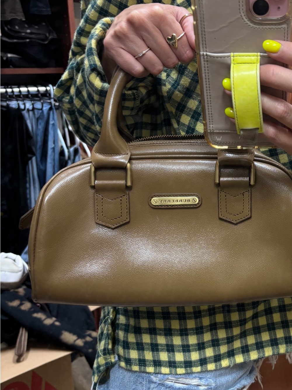 Burberry Camel Saffiano Leather Satchel with Signature Trim